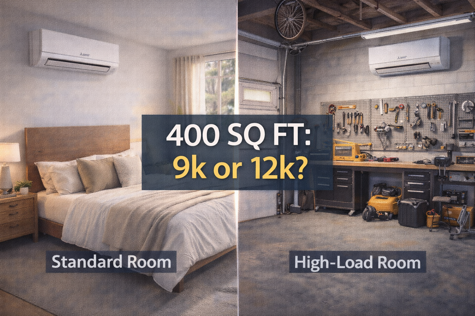 Split screen comparison of a 400 sq ft bedroom requiring a 9000 BTU mini split versus a 400 sq ft garage requiring a 12000 BTU mini split