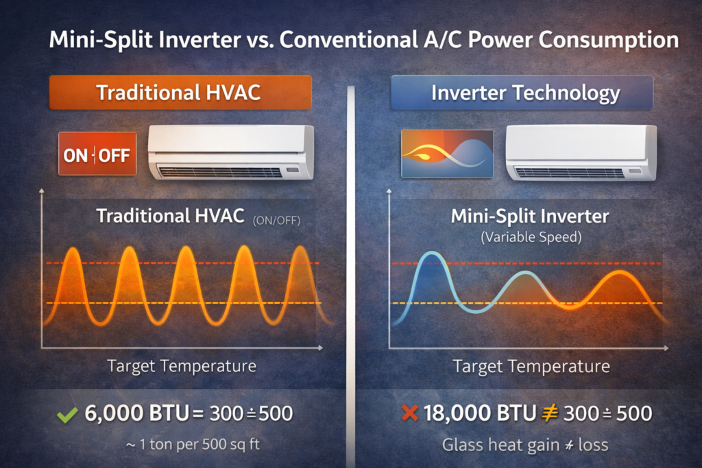 Comparison between traditional on-off air conditioning and inverter mini split power consumption
