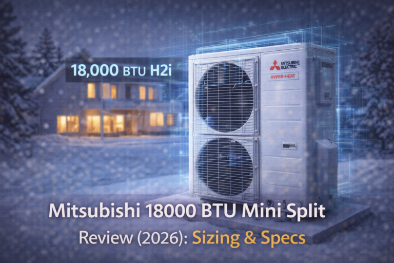 Mitsubishi mini split in snowy twilight