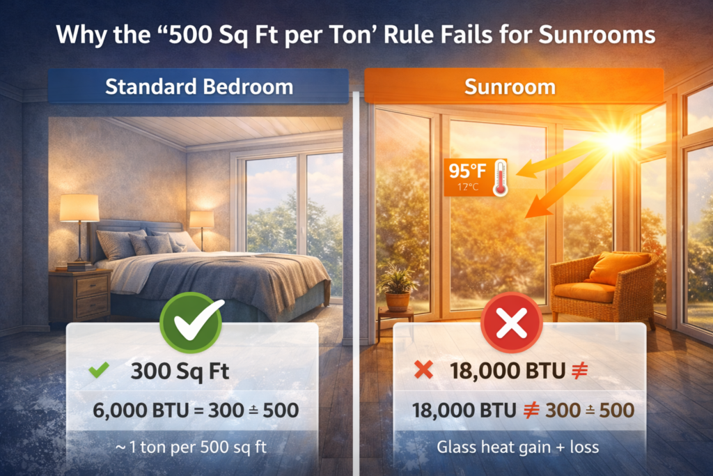 Why the 500 square feet per ton rule fails when sizing a mini split for a sunroom
