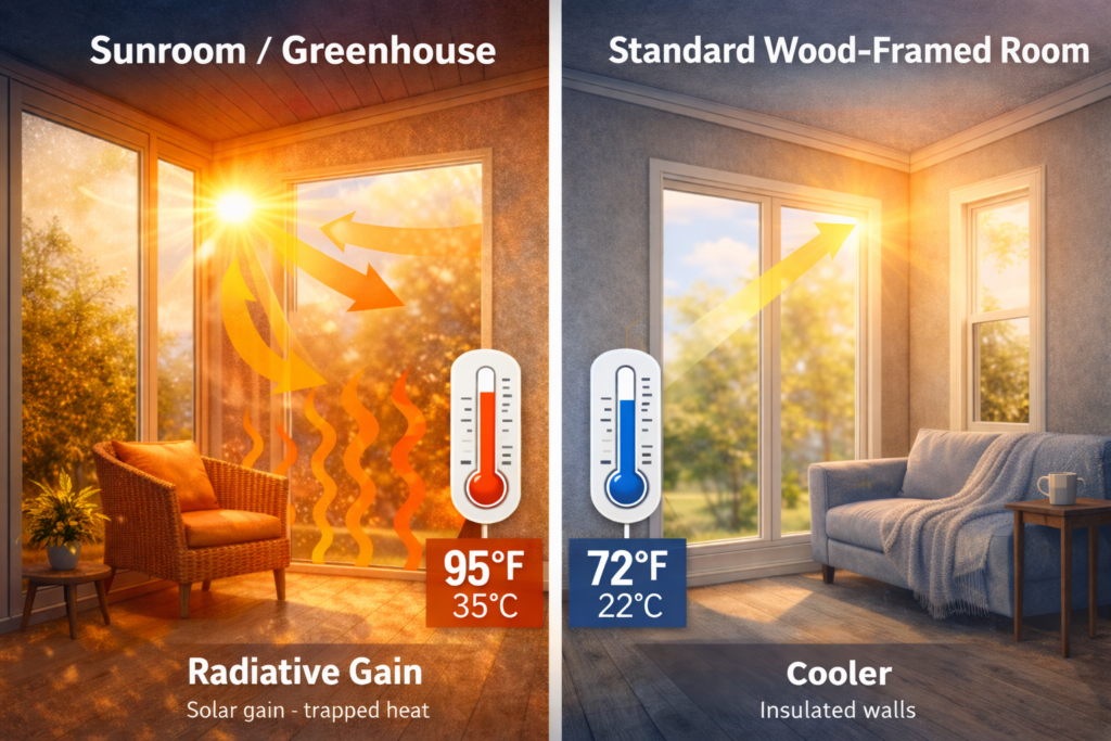 Comparison between a sunroom greenhouse effect and a standard insulated room
