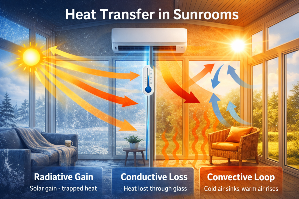 Diagram showing radiative gain, conductive heat loss, and convective air movement in a sunroom
