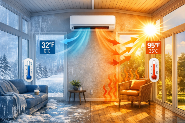 Sunroom with extreme temperature differences showing why mini split heating and cooling is required