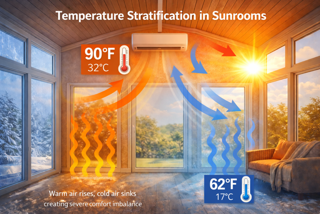 Sunroom temperature stratification with hot air at the ceiling and cold air pooling near the floor
