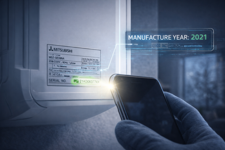 Where is the serial number on a Mitsubishi mini split?