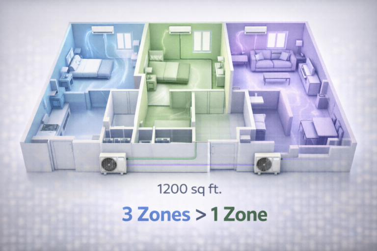 Three-zone floor plan with AC system