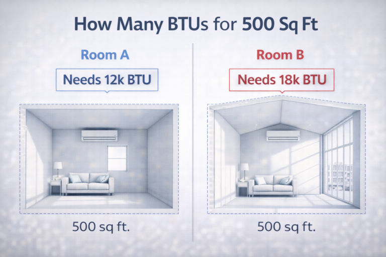Comparing room cooling needs for 500 sq ft