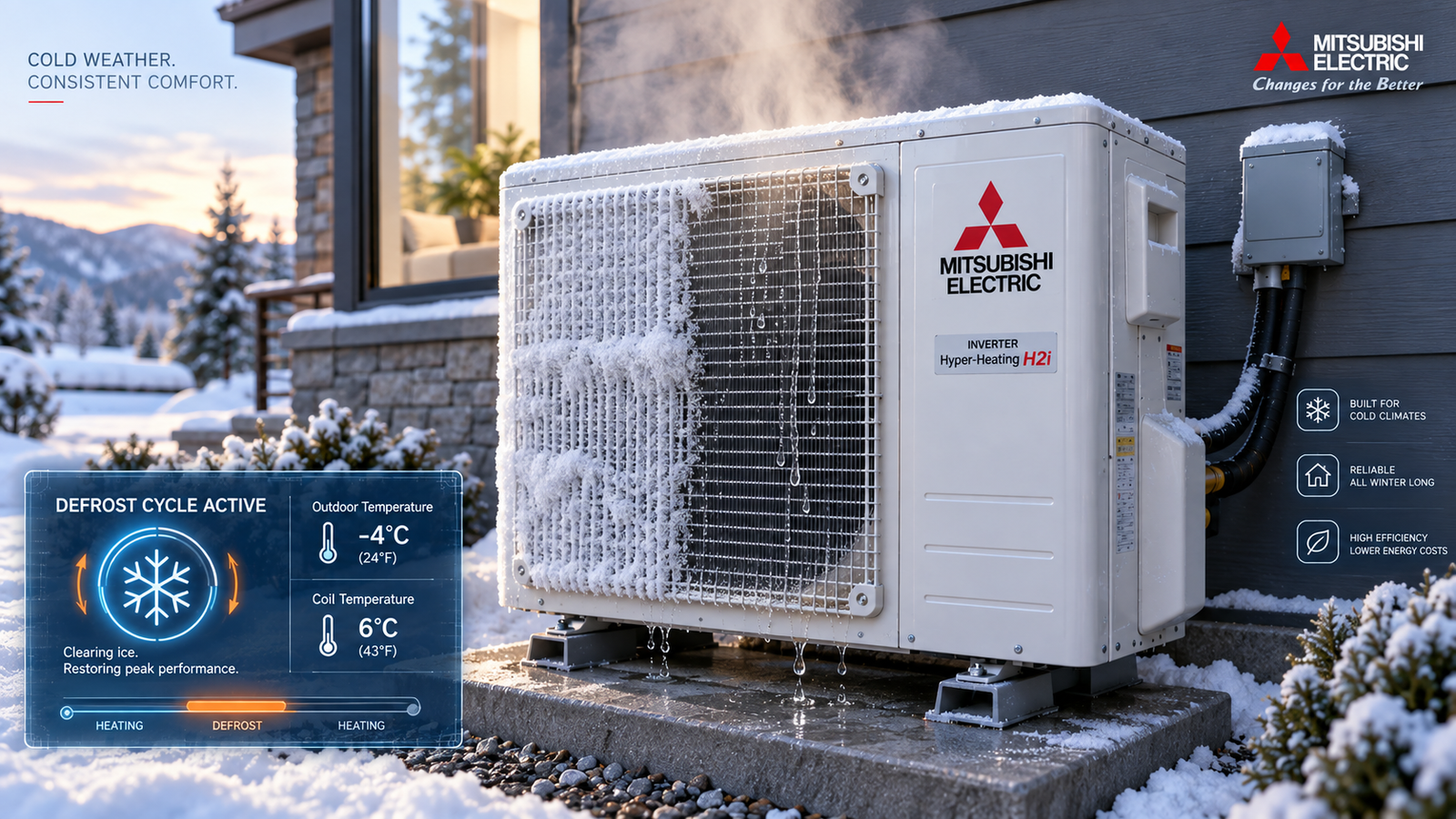 Mitsubishi heat pump outdoor unit with visible light frost melting during winter defrost cycle