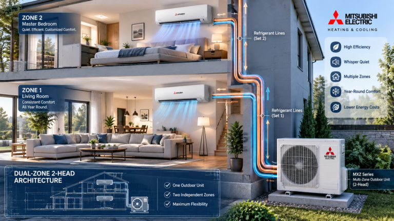 Mitsubishi dual zone mini split outdoor condenser connected to two indoor wall units in a home layout